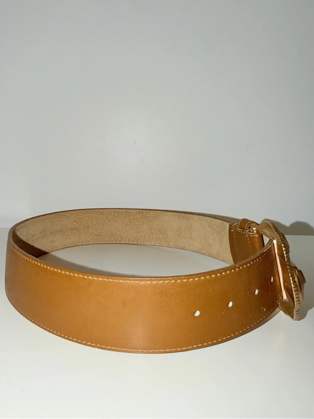 Vtg Anne Klein For Oroton Brown Leather Wide Belt With Gold-Tone Buckle, Sz Sm